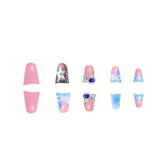 YICKYUE - Duckbill Cool Planet Star Y2k Nails Press On Nails 3D Water Drops French Tip Blue Gradient False Nails Flash Diamond Fake Nails