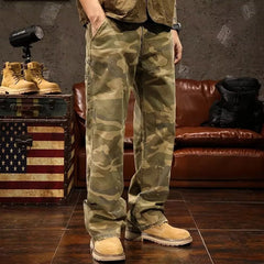 Hearujoy Vintage Multi-pocket Camouflage Cargo Pants For Men High Street Y2k Loose Straight Trousers Spring Autumn Washed Denim Jeans