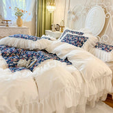 YICKYUE - 100% Cotton Chiffon Lace Princess Bedding Set Korean Style Floral Printed Duvet Cover Bedspresd Bed skirt Pillowcases