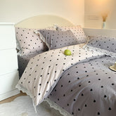 Yickyue Girls Bedding Set Reversible Gray White Heart print Duvet Cover Set 100%Cotton Lace 4Pcs Bedding Queen Twin Ultra Soft bed sheet