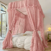 YICKYUE - Three Door Princess Lace Bed Valance Windproof Blackout Bed Curtain U -Shape Rail Mosquito Net Double Bed Bedroom Decoration
