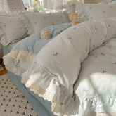 YICKYUE - Princess Lace Bedding Set - Korean Style 4PC Double-Layer Gauze with Floral Embroidery