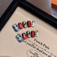 YICKYUE - 10pcs Halloween Press on Nails Short Square Pumpkins Skeletons Fake Nails with Glue Cute Funny False Nails Full Cover Nail Tips