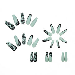 24PCS/Box Artificial Nails With Wearing Tools Green Lines Long Ballet Nail Fake Nail Tips Full Cover Acrylic 2022