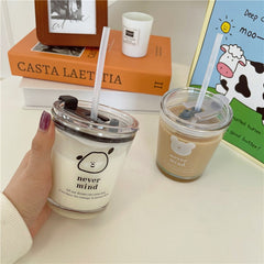 Cute Korean Bear Glass Cup With Lid And Straw For Coffee Milk Tea Clear Kawaii Mini Creative Juice Water Cups For Girl Lovers