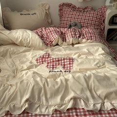 YICKYUE - Korean Red Gingham Bedding - Puppy Appliqué 4pc Washed Cotton Set