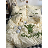 YICKYUE - Ins Cartoon Bedding Set Teddy Bear Washed Cotton Towel Embroidered Solid Color Bed Sheet Dormitory Student Duver Cover Set