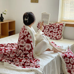 Yickyue Nordic Pastoral Style Fleece Blanket Quilt Cover Dual-purpose Thick Warm Soft Sofa Throw Shawl Single Floral Blanket King Size
