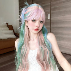 YICKYUE - 26 Inch Iridescent Rainbow Color Multicolour Synthetic Wigs with Bang Long Water Wave Hair Wig for Women Cosplay Heat Resistant