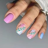 YICKYUE - Fresh Rose Red Light Blue Flower Leaves Solid Color Glitter Powder Full Square False Fake Art Nails Tips Press on Glue Manicure