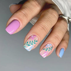YICKYUE - Fresh Rose Red Light Blue Flower Leaves Solid Color Glitter Powder Full Square False Fake Art Nails Tips Press on Glue Manicure