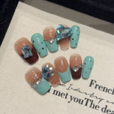 YICKYUE - 10pcs Handmade Fake Nails French Green Wave Point With Rhinestone Artificial Nails Full Cover Press On Nail Short Ballet