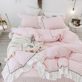 Yickyue Luxury Princess Style 100% Cotton Bedding set Ruffles Duvet Cover Black Dot Flat Pillowcases 4pcs For Girls Bed Set
