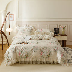 YICKYUE - Pure Cotton Vintage French Pastoral Country Flowers Print Double layer Lace Ruffles Bedding Set Duvet Cover Bed Skirt Pillowcase