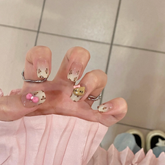 YICKYUE - Cute Leopard Print Cat Handmade Press on Nails Wearing Armor Bow Star French Minimalist Nail Art Decorated False Nails