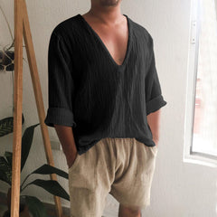 Hearujoy Spring Summer Mens V Neck Cotton Linen T-shirt Loose Solid Long Sleeve Pullovers Tops Fashion Casual Clothing Streetwear