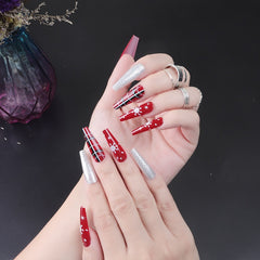 24Pc/Boxed Christmas Wearing Reusable False Nails Snowflake Silver Glitter Long Ballet Fake Nails Full Cover Artificial Nail Art