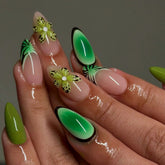 YICKYUE - Comics Style Stripe French Fake Y2k Nails Long Almond Press On Nails 3D Flowers Decor False Nails With Green Gradient Designs