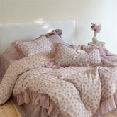 YICKYUE - Vintage French Floral Lace Ruffles Bedding Set 100% Cotton Double Layer Yarn Duvet Cover Flat/Fitted Bed Sheet Pillowcases 4Pcs