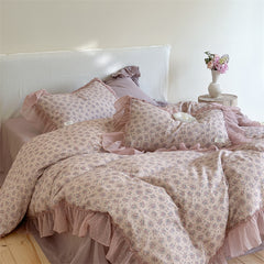 YICKYUE - Vintage French Floral Lace Ruffles Bedding Set 100% Cotton Double Layer Yarn Duvet Cover Flat/Fitted Bed Sheet Pillowcases 4Pcs
