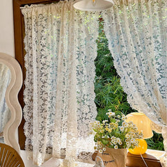 YICKYUE - 1Pair French Retro Cream Beige Flower Embroidery Sheer Curtain European Court Style Lace Voiles Curtain For Living Room Bedroom