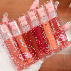 Yickyue Crystal-frozen Glossy Lip Glaze Cute Pink Bear Lip Gloss Glossy Mirror White Nude Lipstick Doodle Lip Makeup Korean Makeup