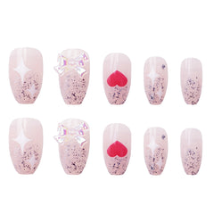 24PCS Press on Nails with Shiny Stars & 3D Bow Design Full Cover Full Finished For Girl Lady Nail Art Tips False Nail Patch