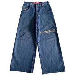 Hearujoy 90s Streetwear Jeans Streetwear Y2K Mens Hip Hop Graphic Print Retro Blue Baggy Jeans Denim Pants New Gothic High Waisted Wide Trousers