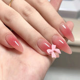 YICKYUE - 24pcs of almond pointed nail powder blusher bow false nail piece nail enhancement, including 1 piece of jelly glue and 1strip