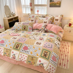 YICKYUE - Winter Bedding Set Lace Milk Velvet Bed Sheet 3 4 Pcs Autumn Thickened Warm Anti-Static Blanket Bear Double-Sided Duvet Cover