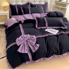 YICKYUE - Korean Princess Style Lace Ruffles With Bow Decoration Bedding Set Black/Purple Duvet Cover Set Bed Sheet Bed Skirt Pillowcases
