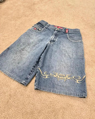Hearujoy Shorts Y2K Hip Hop Graphic Retro Blue Baggy Jeans Denim Gym Shorts Pants Mens Womens New High Waist Basketball Shorts