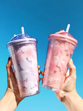 Kawaii Purple Pink Cherry Blossom Folding Straw Plastic Water Cup Cute Girl Student Portable Sealed Large Capacity Double Layer