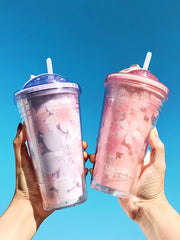 Kawaii Purple Pink Cherry Blossom Folding Straw Plastic Water Cup Cute Girl Student Portable Sealed Large Capacity Double Layer