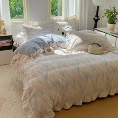 YICKYUE - Autmn Winter Duvet Cover Set A-Class High Weight Milk Velvet Flower Jacquard Colored Tulip Girl Lace Simple Bedding Set Warm