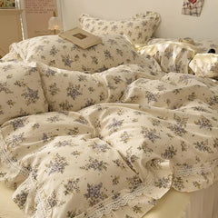 YICKYUE - 3/4Pcs Vintage French Fresh Floral Lace Ruffles 100% Cotton Bedding Set Duvet Cover Bed Skirt/Bed Sheet/Fitted Sheet Pillowcases