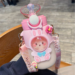 Plastic Portable Water Bottle Large Capacity Plastic Sports Bottle for Coffee Milk Juice with Straw Cartoon Leakproof Tea Cup