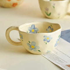YICKYUE - Ceramic Mugs Coffee Cups Hand Pinched Irregular Flower Milk Tea Cup Ins Korean Style Oatmeal Breakfast Mug Drinkware Kitchen