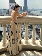 YICKYUE - French Niche Design Dresses V-neck Print Sexy Backless Holiday Dress Vestidos Loose Slimming Temperament Long Skirt