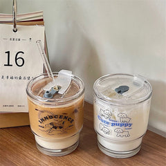 350ml Cute Dog Glass Water Bottle With Lid And Straw Kawaii Portable Milk Carton Drink Bottle Coffee Bubble Tea Cup Girl Gift