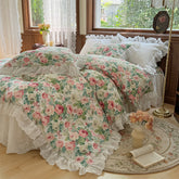 YICKYUE - Floral Print Pure Cotton Korean Princess Style Bedding Set Bedskirt Bedspread Quilt Cover French Vintage Lace Bed Set Pillowcase