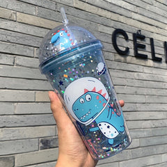 Net Red Dinosaur Straw Cup Ins Wind Vibrato Water Bottles Portable Female Double Quicksand Plastic Girl Student Cups Gifts
