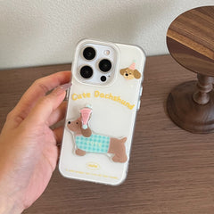 YICKYUE - Ins Cartoon 3D Patch Rotating Cute Sausage Dog Phone Case for iPhone 16 15 14 13 Pro Max Back Cover Fund