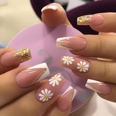 Press On Nails with Daisy Rhinestone design Coffin False Nails Stick-on nails Full Cover Fake Nails Tips French Beauty Nail Tips