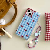 YICKYUE - Ins Blue Check Red Cherry Phone Case For Iphone 16Pro 15Pro 14ProMax 13ProMax 16 12 13 14 15 Pro Max Contrast Color Chain Fundas