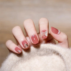 24Pcs Short Nail Art Fake Nails Bow-knot Pearl Press on Tips False with Glue Coffin Stick Butterfly Designs Square Nail Z1052