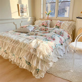 Yickyue Bedding Set Luxury Bed Set Queen Size Lace Ruffle Designer Bedding Set Floral Bed Cotton Linen Western Europe Bedding Sets Gift