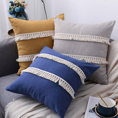 J Cotton Linen Cushion Cover 30x50cm/45x45cm Pillow Cover Beige Grey Blue Yellow Boho Style Tassles for Sofa BedHome Decorative