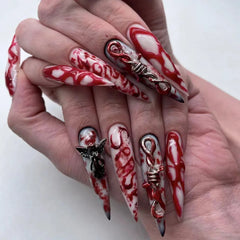 YICKYUE - Terror Bloody Knot Gothic Red Halo Dyeing Pointed False Nails Halloween Detachable Finished Fake Nails Press on Nail with Glue