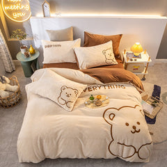 Super Soft Warm Cosy Flannel Velvet Fleece Cartoon Bear Embroidery Child Bedding Set Duvet Cover Flat/Fitted Sheet Pillowcases